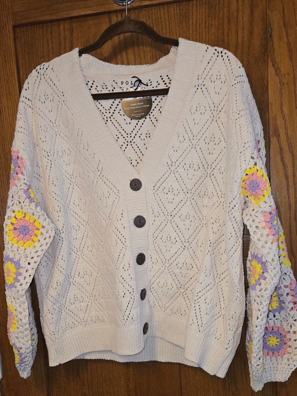 POL Cream Knit Cardigan with Pastel Crochet Granny Square Sleeves - New